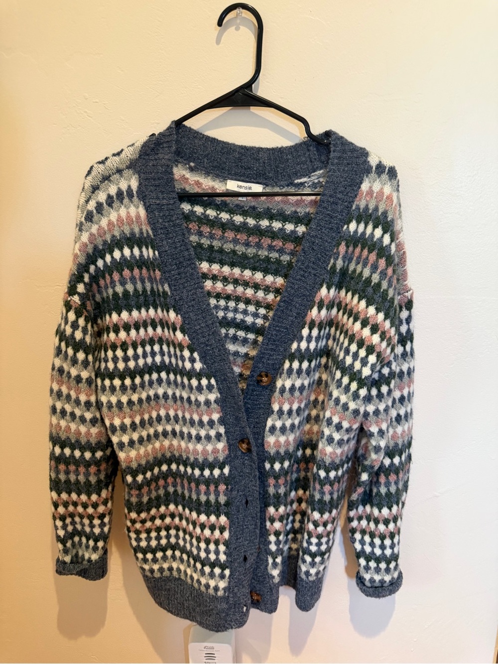 Kensie Multi-Color Fair Isle Button Cardigan with Blue Trim